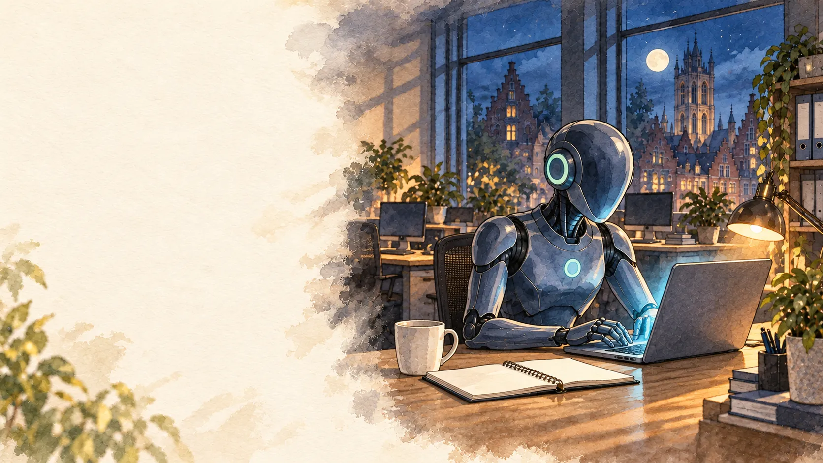 Illustration à l’aquarelle : la nuit, dans le bureau gantois vide, Echo, l’agent IT de Cloudbizz, veille devant un ordinateur portable.