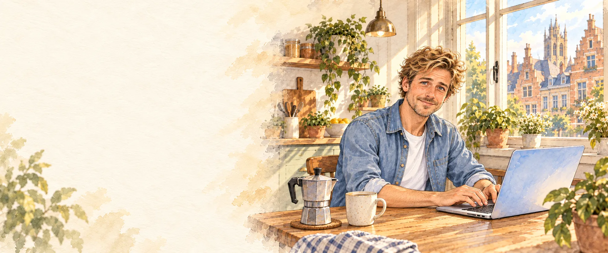 Aquarelillustratie: Jonas werkt vanuit zijn keuken in Gent op zijn laptop.