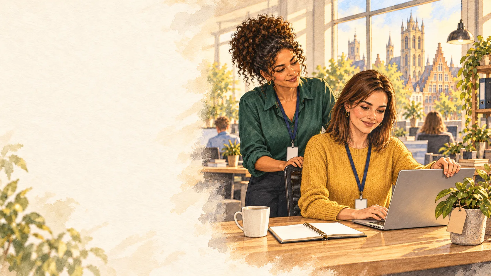 Illustration à l’aquarelle : lundi matin à Gand, Nadia accueille Lisa, nouvelle collaboratrice, qui ouvre son ordinateur portable déjà prêt.