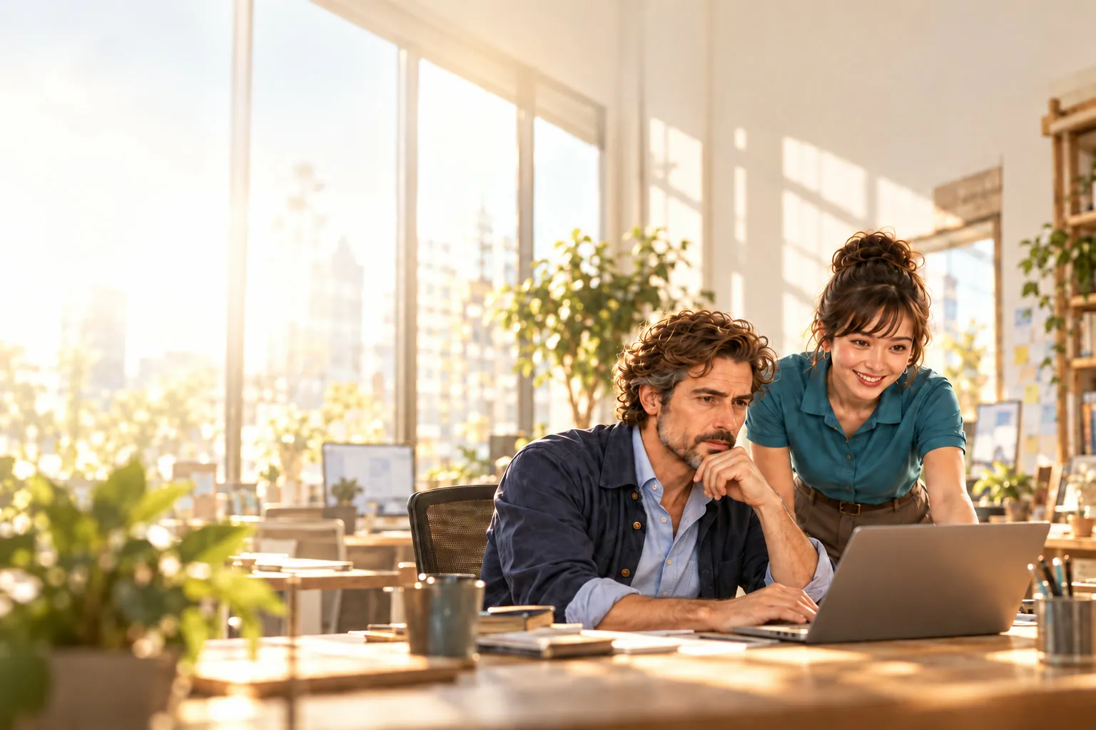 A business owner and his colleague at a laptop in a sunlit office