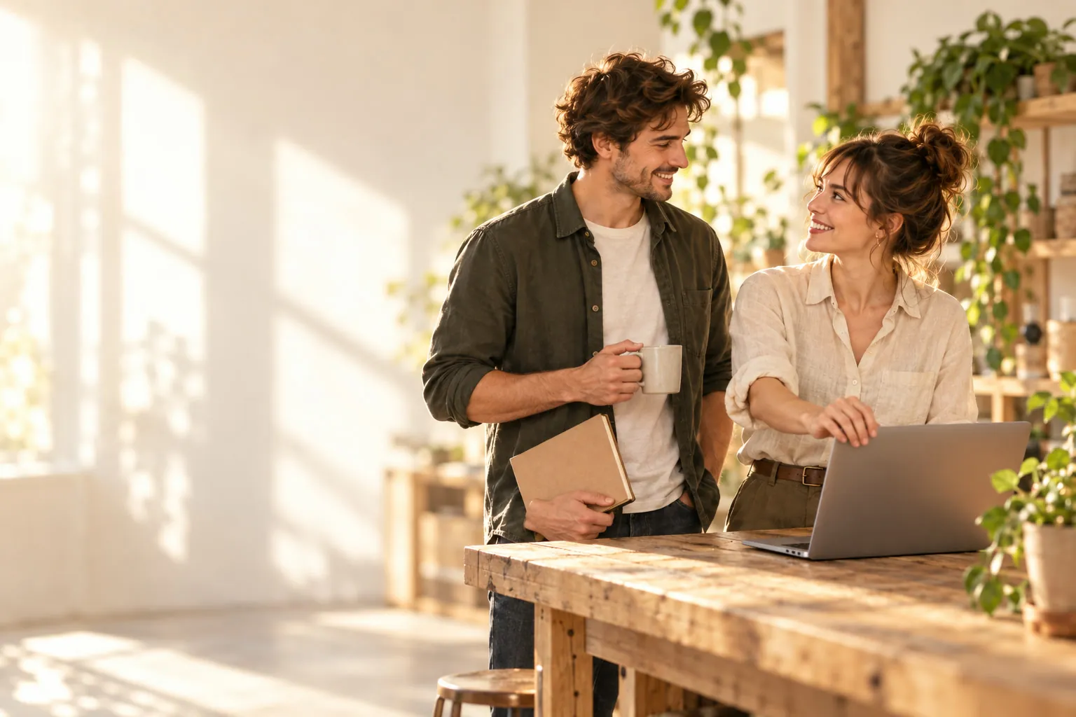 Twee vennoten van een klein bedrijf openen met een koffie in de hand een laptop in een zonnig atelier