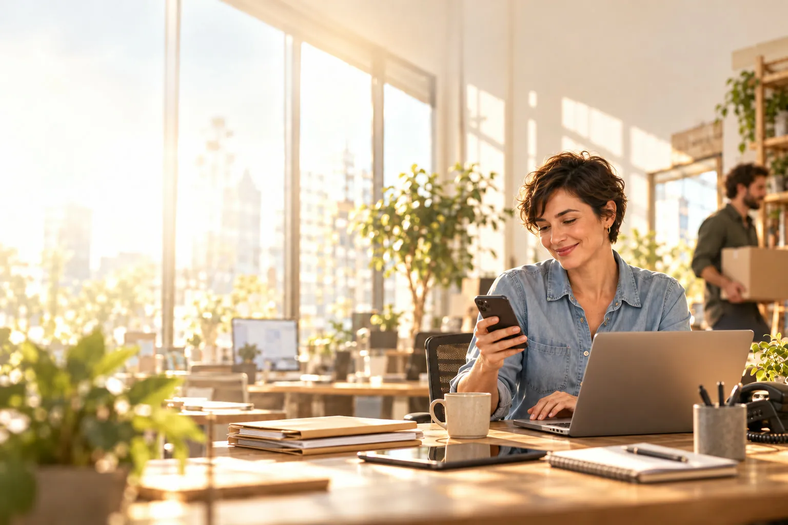 Een manager glimlacht terwijl ze haar telefoon leest, voor haar laptop, mappen en een bureautelefoon, in een zonovergoten kantoor