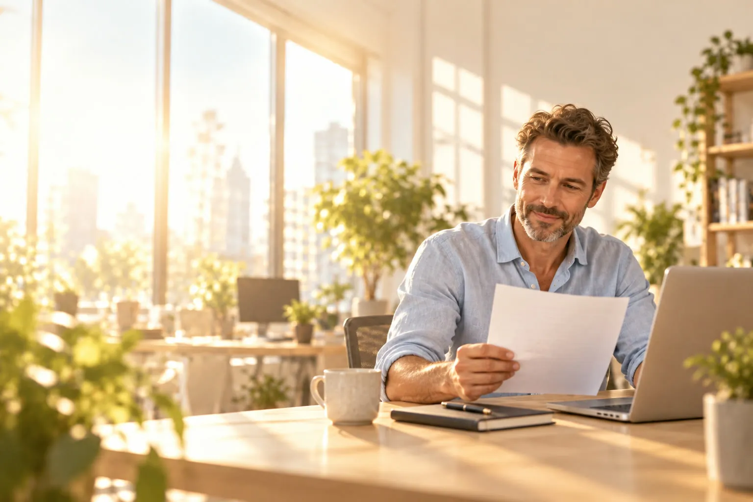 A business owner reads a document at his desk, laptop open, in a sunlit office