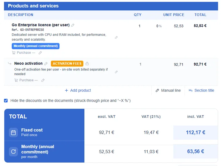 Éditeur de devis dans Neoo : lignes du catalogue avec leur mode de facturation, frais d’activation, ajout d’un produit ou d’une ligne libre, et total séparant le coût ponctuel du coût mensuel.