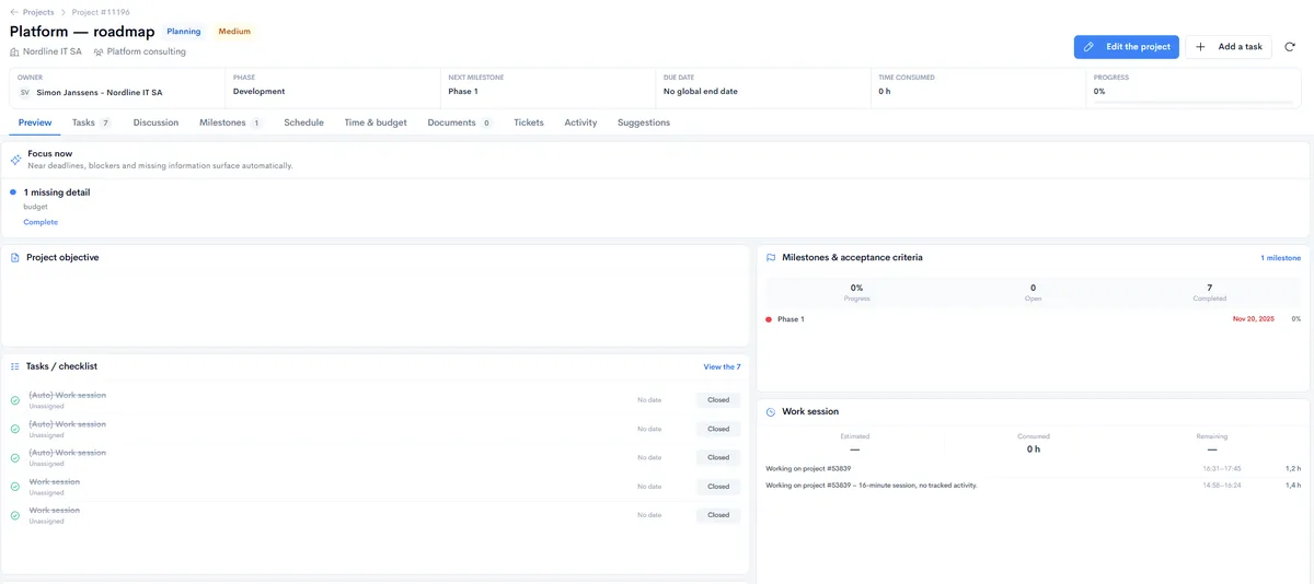 Project record in Neoo: owner, phase, next milestone, due date, time consumed and progress, then Focus now, tasks, milestones and work sessions.