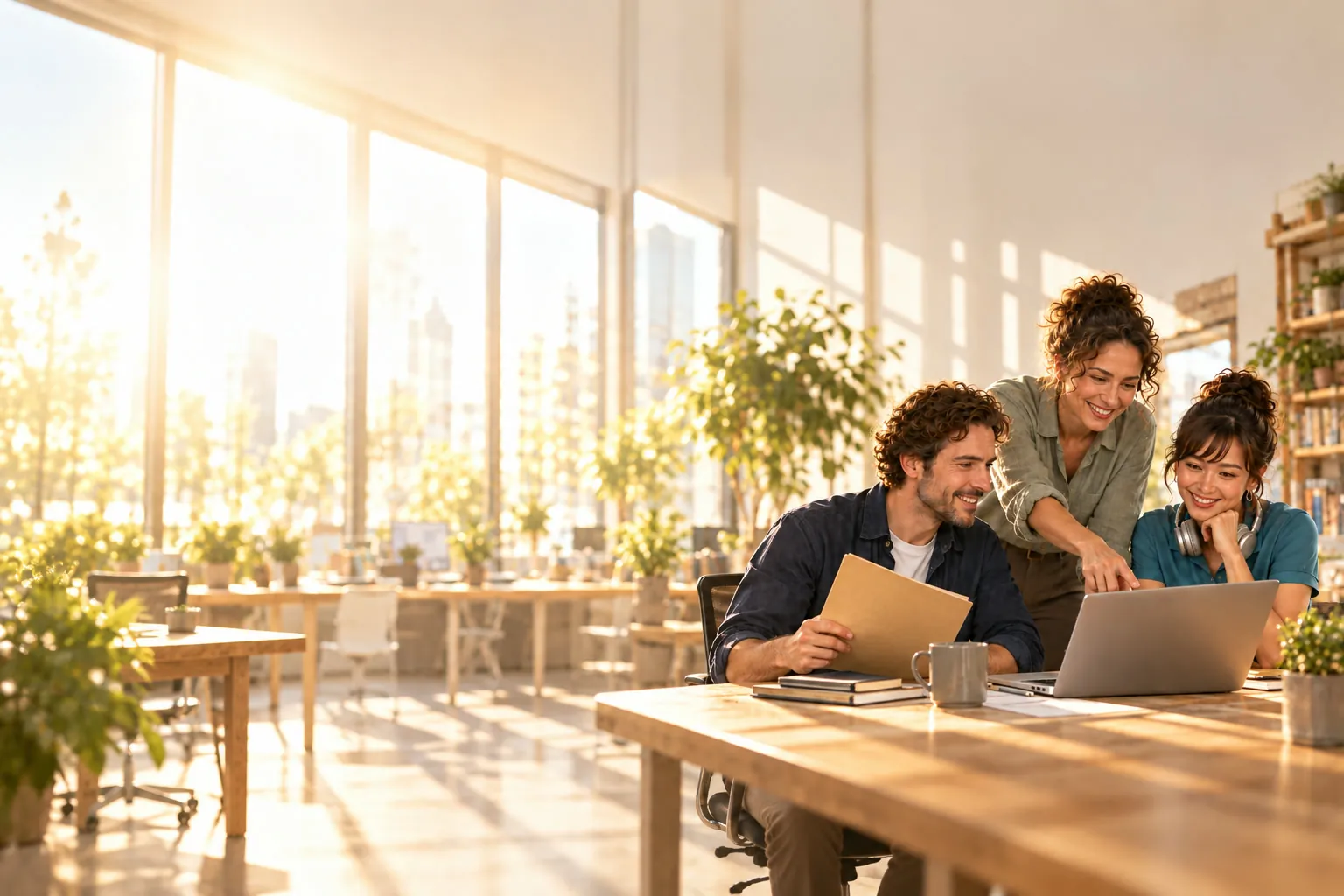 Three colleagues, from sales, support and management, gathered around the same laptop in a sunlit office