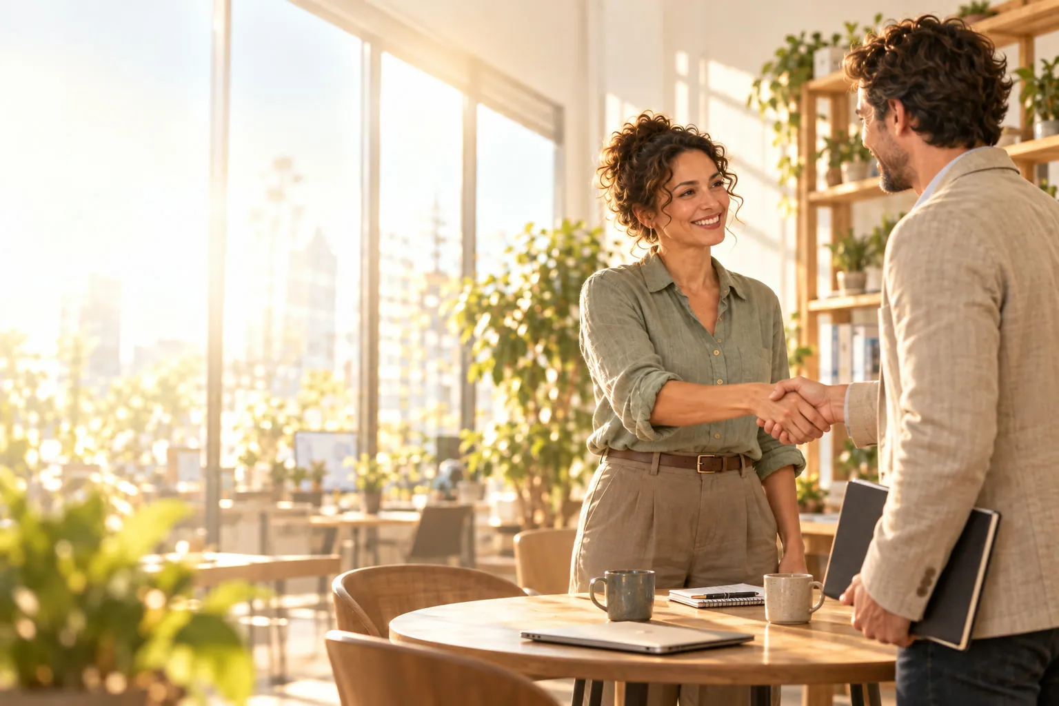 A consultant welcomes a customer for a meeting, by a meeting table, in a sunlit office