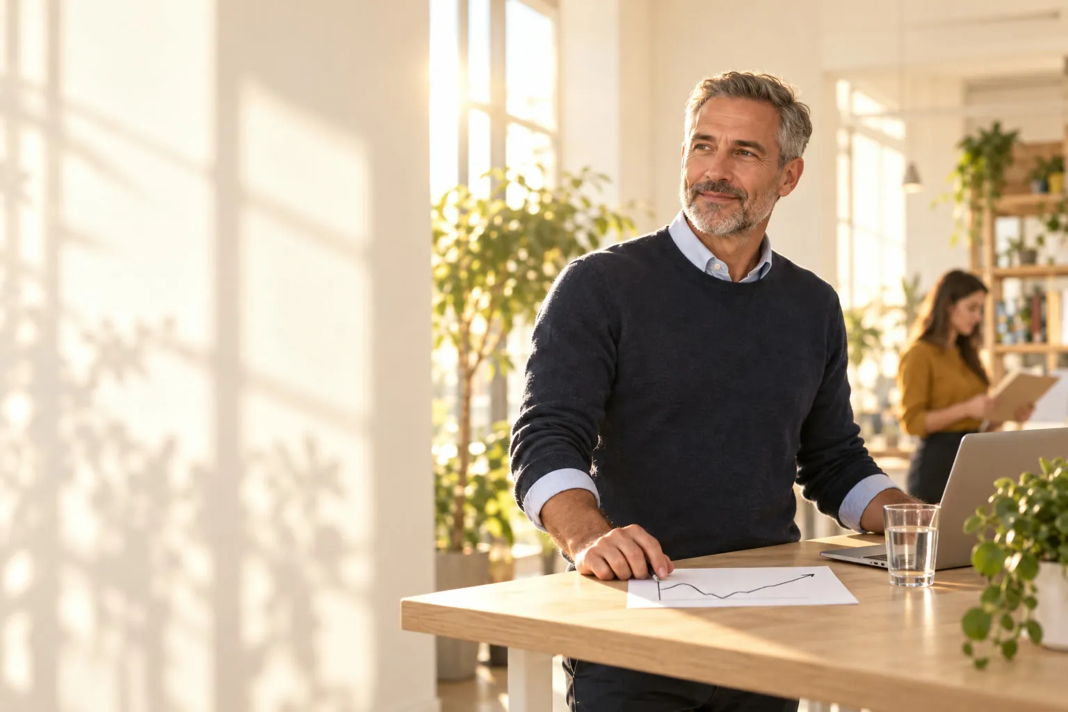 Un dirigeant debout à son bureau, la main posée sur une courbe imprimée, dans un bureau baigné de soleil