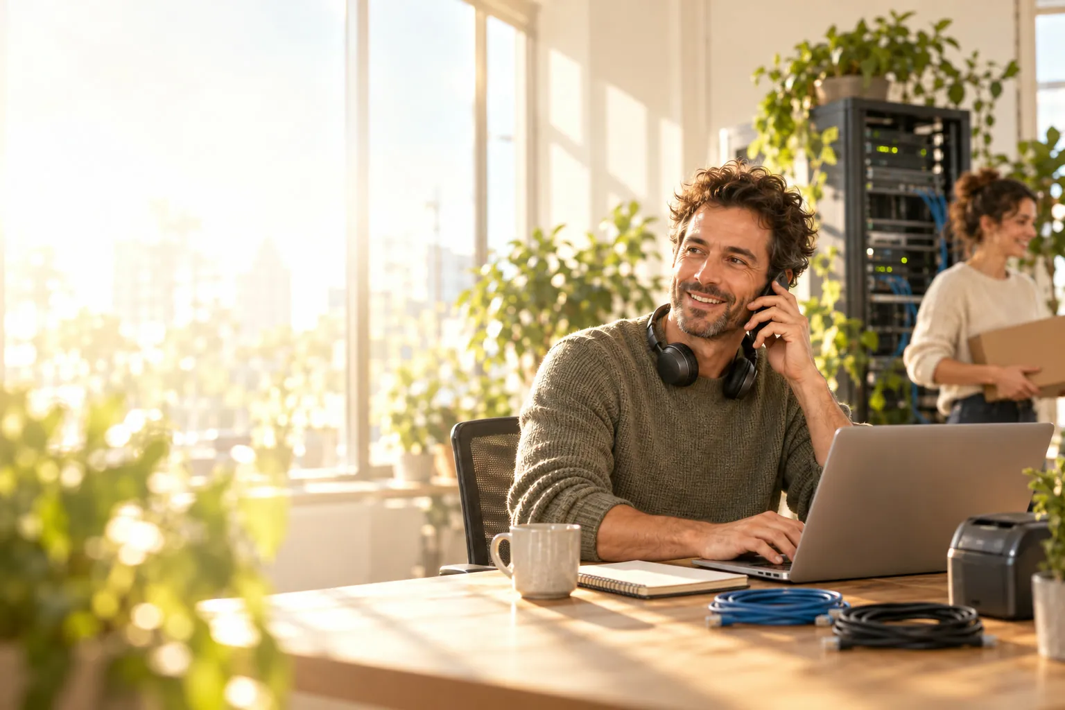 Een technicus van een IT-dienstverlener aan de telefoon met een klant, voor zijn laptop, in een zonnig kantoor; een collega loopt langs een serverkast