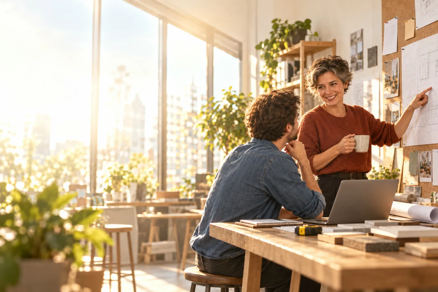 A project manager, mug in hand, points to a plan pinned on the wall while a colleague sits at his laptop, in a sunlit studio