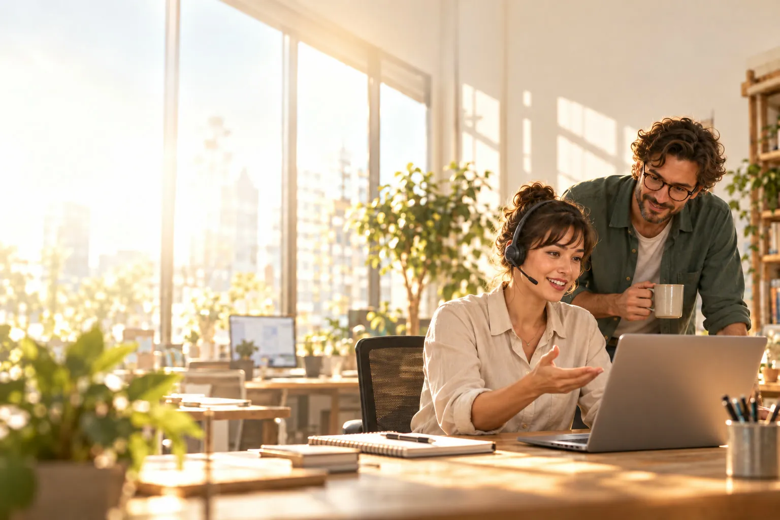 A support lead wearing a headset answers a customer in front of her laptop while a colleague follows the conversation, in a sunlit office
