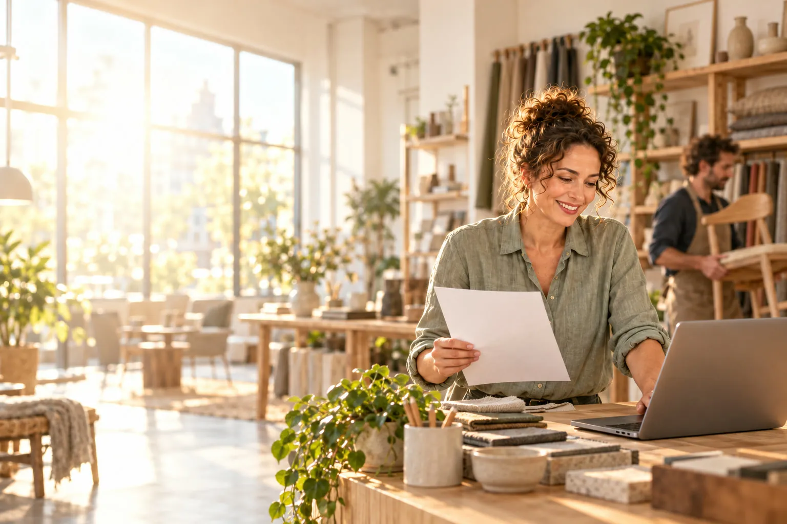 A workshop-shop owner reads a sheet of paper in front of her laptop while a colleague carries a chair, in late-afternoon light