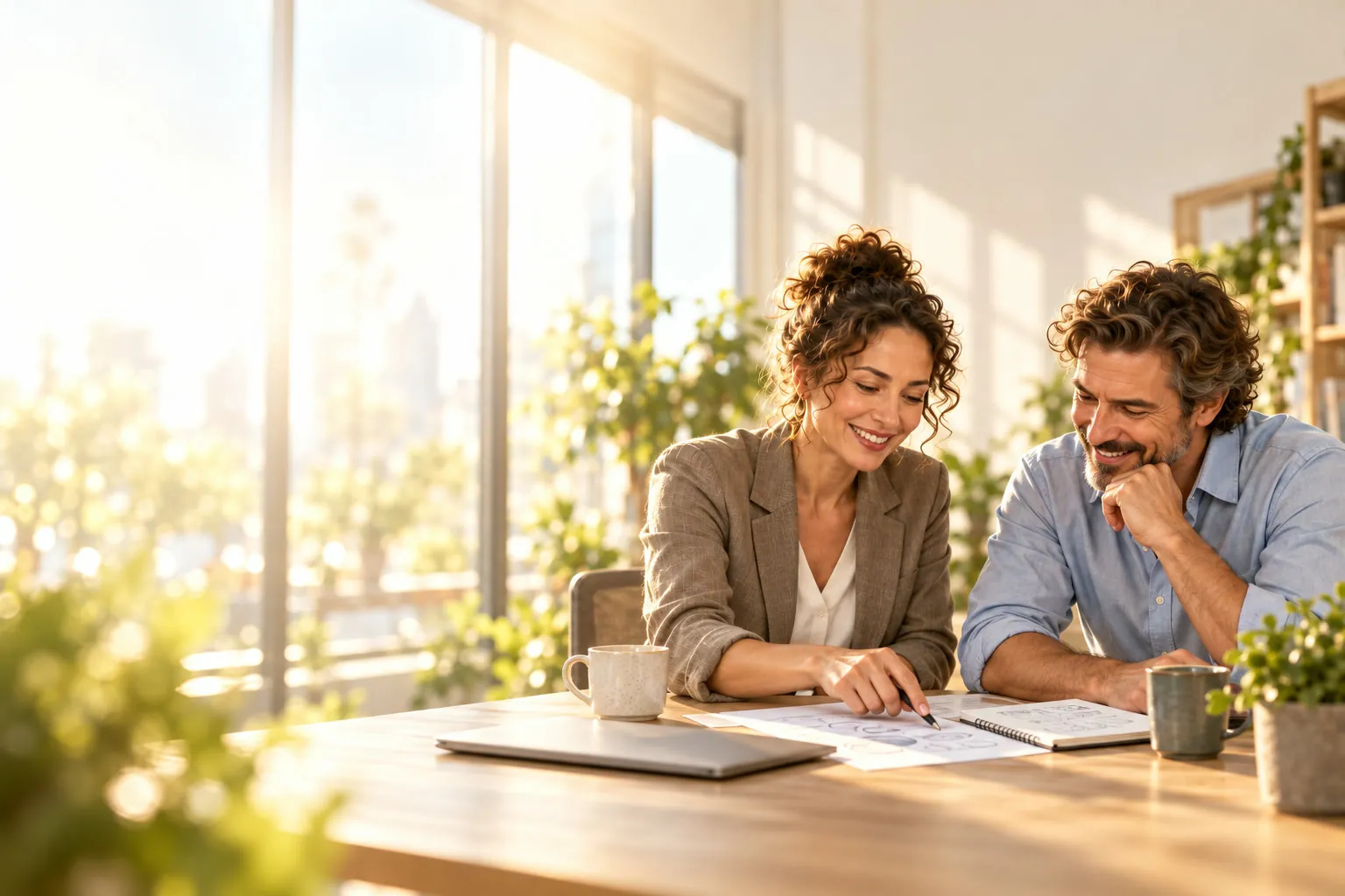 A consultant and the owner of a small business study a process sketch together at a sunlit table.