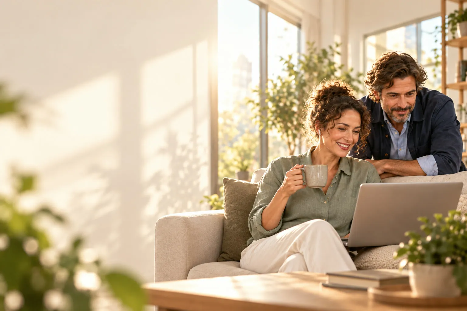 A business owner and a colleague watch a film on a laptop, coffee in hand, in a sunlit office (illustrative staging).