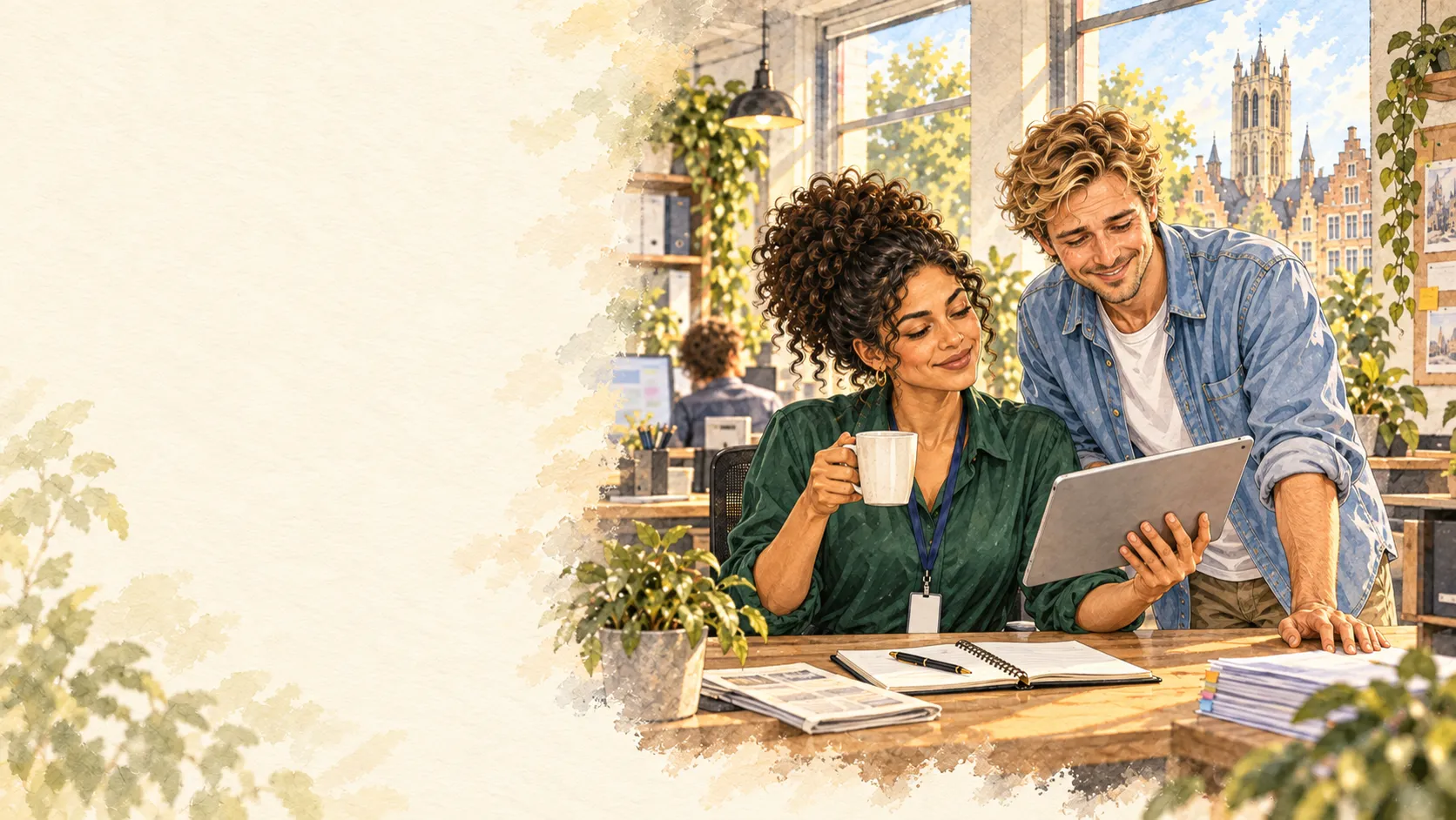 Watercolour illustration: Nadia and Jonas discover the latest Cloudbizz news on a tablet, in a bright office in Ghent.