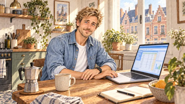 Illustration à l’aquarelle : Jonas sourit devant son ordinateur portable, dans sa cuisine.