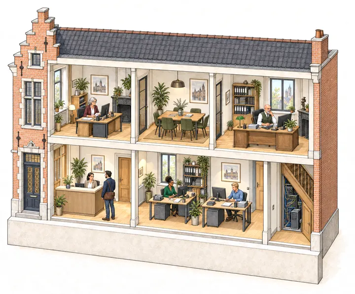 Illustration à l’aquarelle : coupe d’une maison de maître gantoise aménagée en bureaux, avec toute l’équipe au travail.