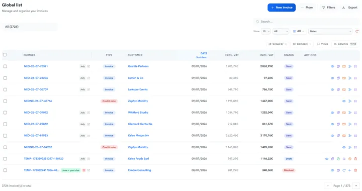 Interface Neoo : liste des factures avec numéros, clients, montants et statuts.