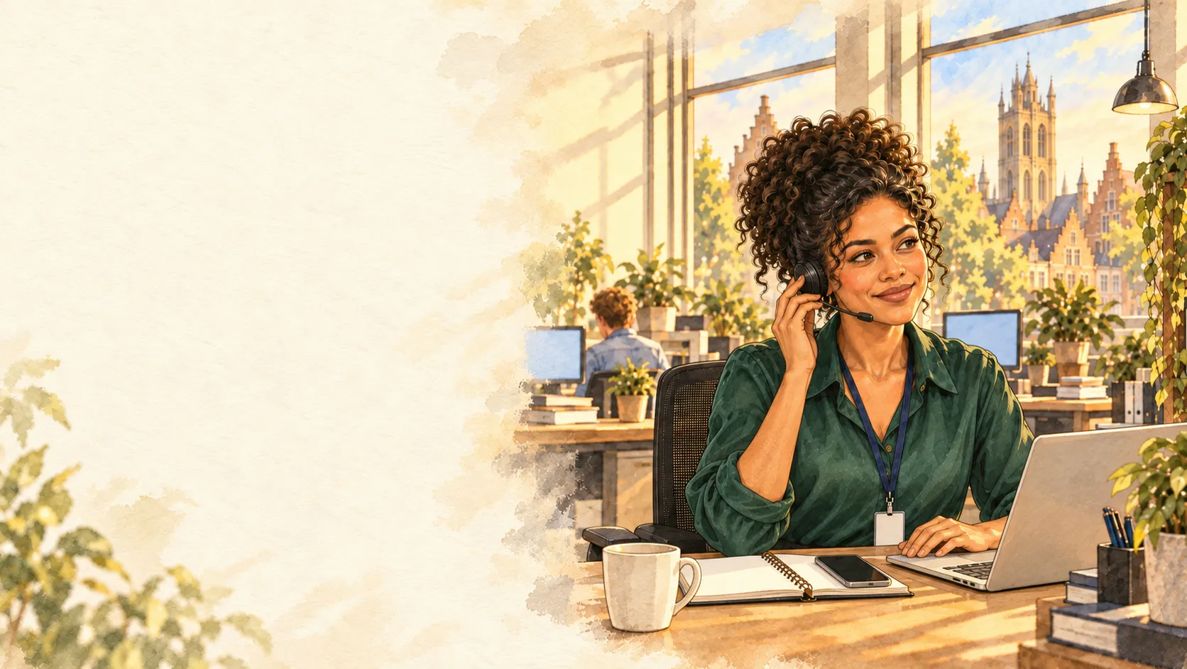 Watercolour illustration: Nadia, office manager, takes a call on her headset in a bright office in Ghent.